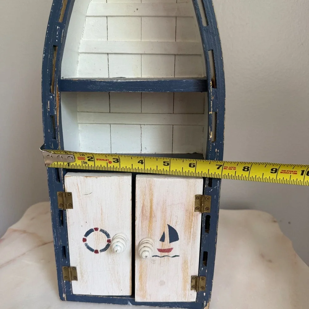 Nautical Wooden Boat Wall Shelf Blue White Distressed Coastal Decor 18.5 Inch
